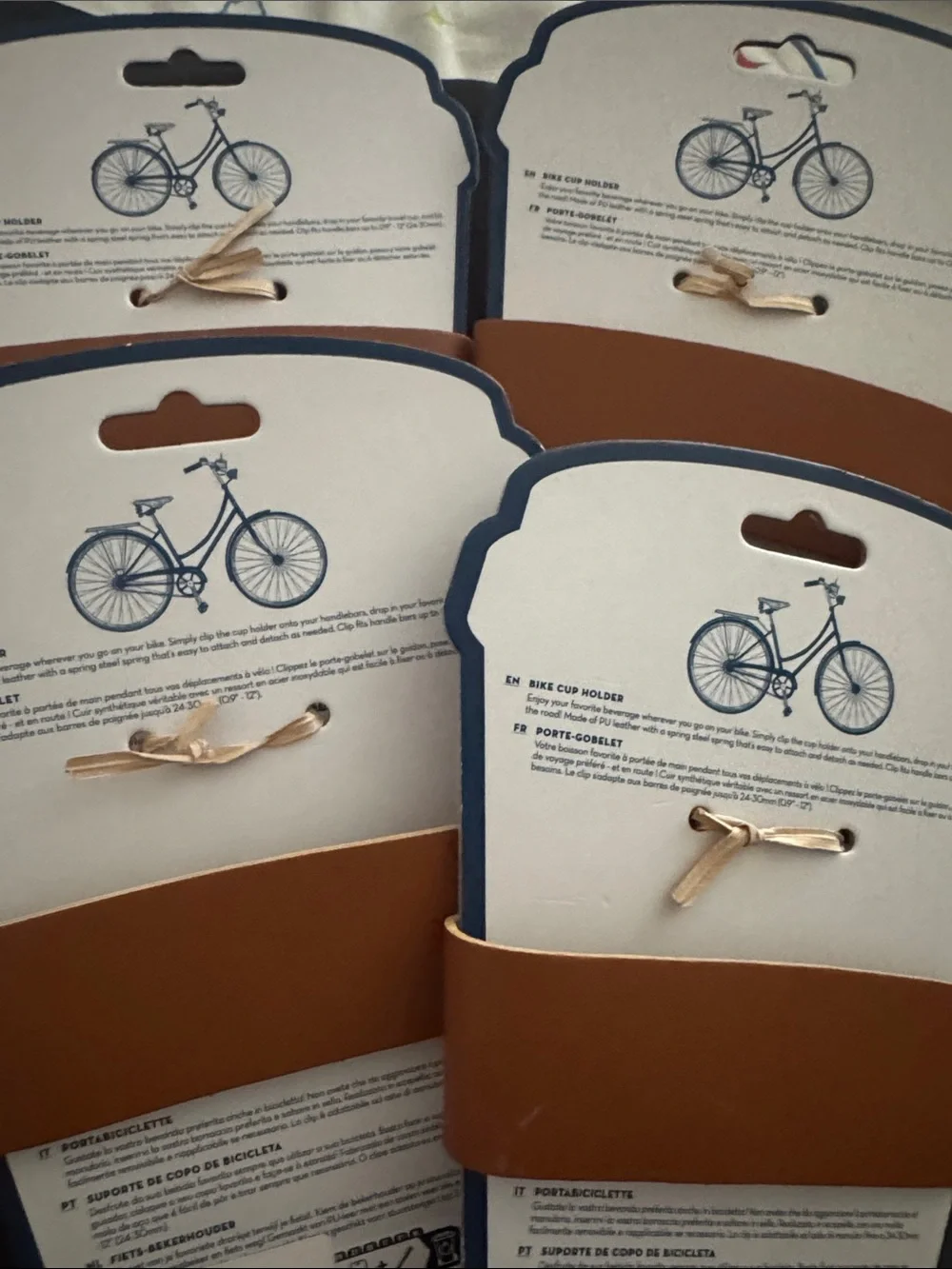 Kikkerland Brown Leather Bike Cup Holders with Silver Clips (Set)
